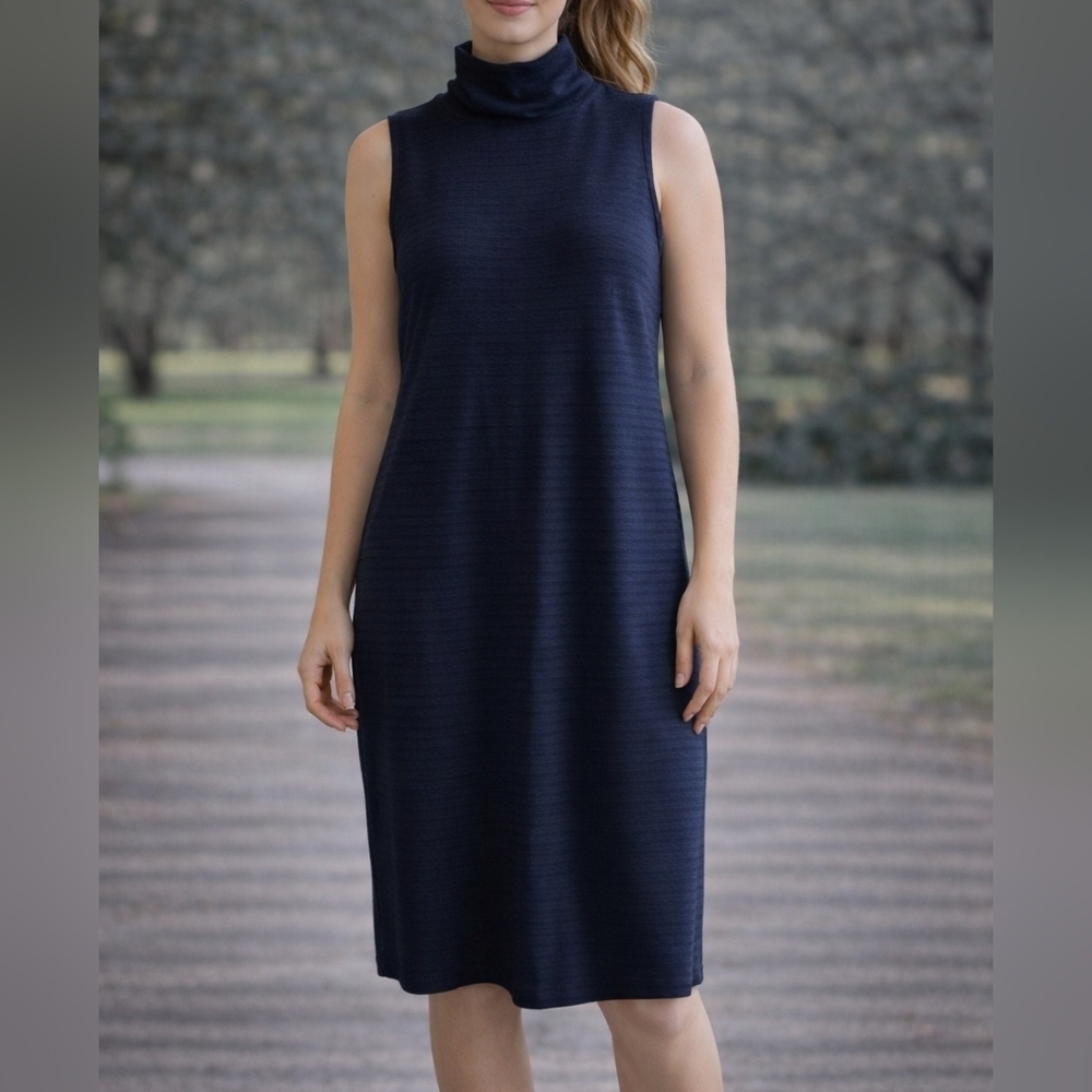 Women's Kenar Blue Striped Sleeveless Turtleneck Dress Size S
